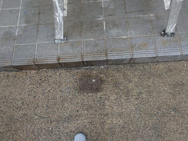 東京都新宿区北新宿にて足場解体後玄関前のタイル薬品洗浄です